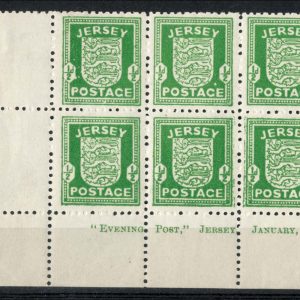 Jersey 1942 Arms ½d creamy paper imprint corner blk of 6 um
