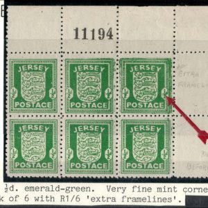 Jersey 1942 Arms ½d corner blk of 6 with r1/6 dot before ½ variety