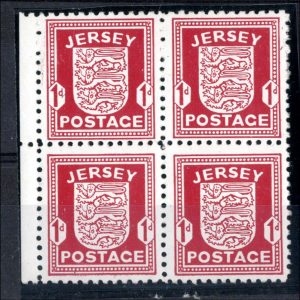 Jersey 1941 Arms 1d chalky paper um blk of 4 c£220