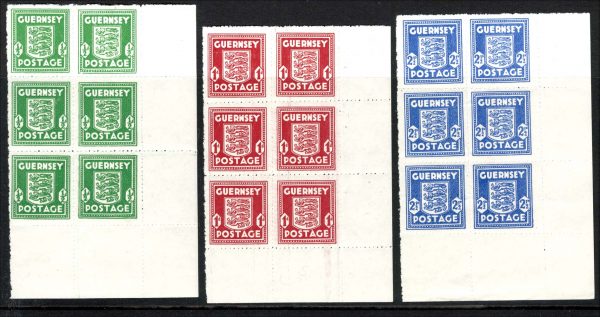 Guernsey 1941 Arms set of 3, ½d - 2½d in um corner blks of 6 c£147