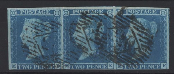 GB 1841 2d blue plate 3 MD-MF fu strip of 3, 3 large margins, close-touching