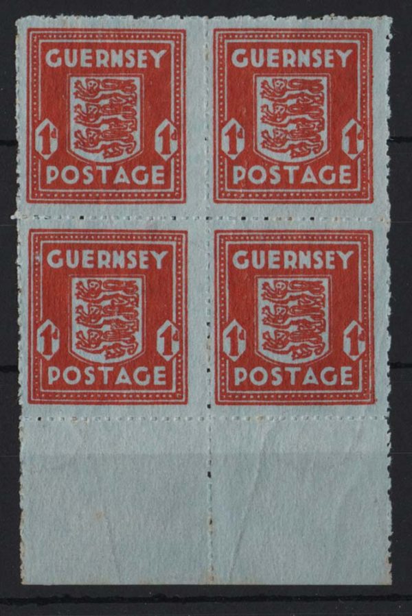 Guernsey 1941 Wartime blued paper 1d um marginal blk of 4 c£72