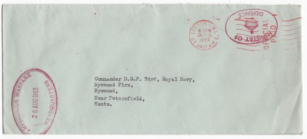 Military-WW2 1953 Amphibious Warfare franked cover to Cmdr. Bird from London HQ