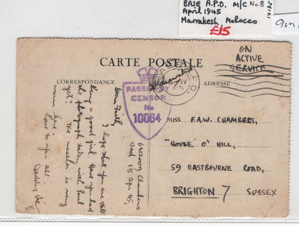 Military-WW2 1945 Military Post Postcard from 8 Base APO, Morocco to Brighton
