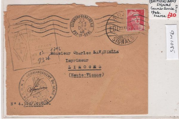Military-WW2 1946 Cover British Army Signals cancel with fine Commandment du Genie cds