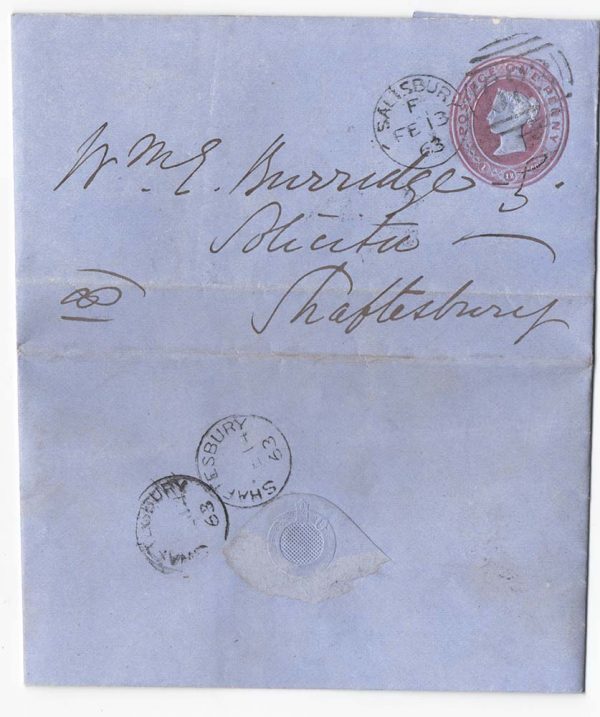 GB 1860 Neat 1d pink dated 1-12-60 double sheet (11"x8") DIY envelope on blued paper