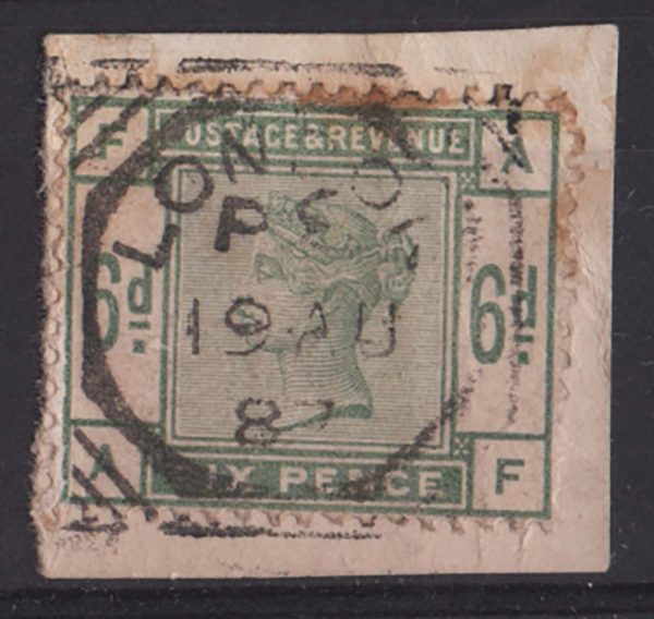 GB 1883 6d green vgu on piece, true colour sg194 a little foxing to top perfs c£