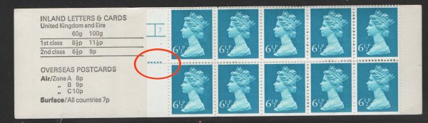 GB Booklets - Folded (good perfs)  FC1A 65p LM MISCUT cyl 7 dot, perf margin