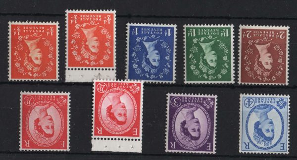 GB 1958 Crown wmk inverted set of 9 um good perfs