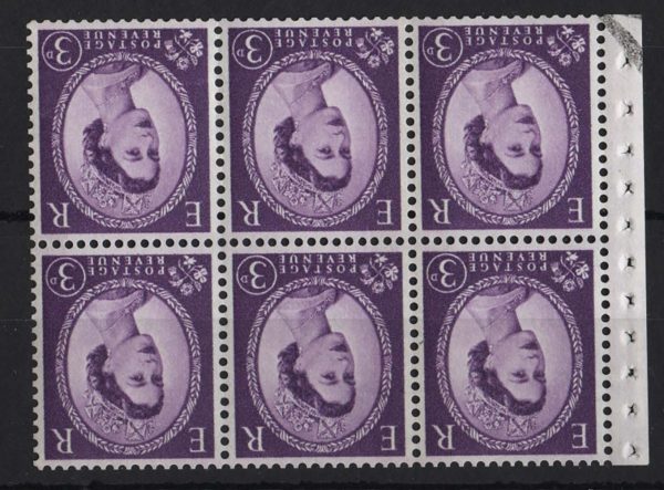 GB 1960 3d sideband wmk inverted booklet pane of 6 good perfs, v light bend, um
