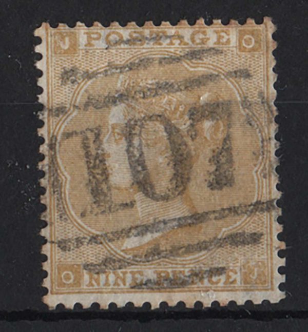 GB 1862 9d straw vfu sg87, light 107 numeral c£475