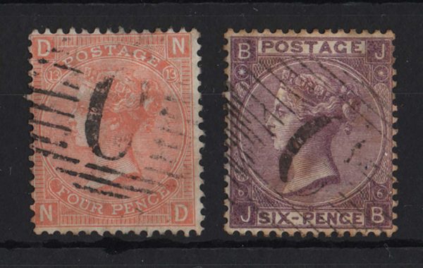 GB Used Abroad 1865 4d plate 13, 6d deep lilac plate 6 (slight tone)
