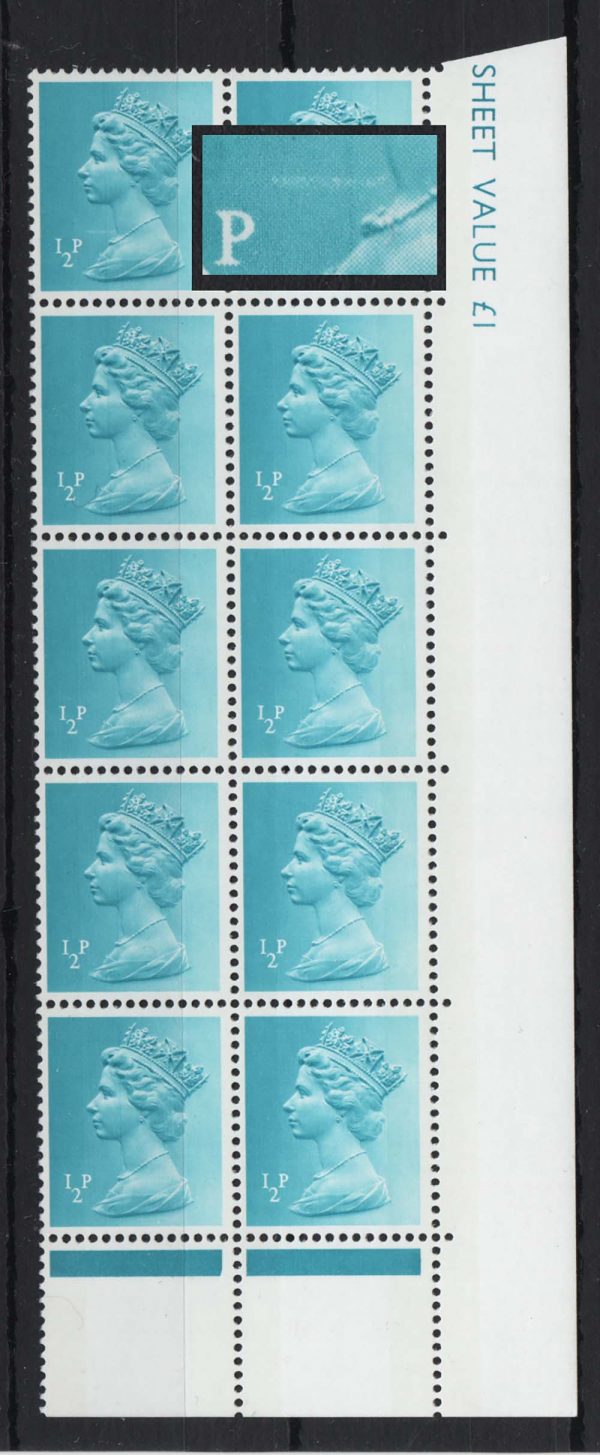 GB 1971 Machin ½p PVAD cyl 7 dot r16/9 scratch under chin VARIETY um corner blk of 10