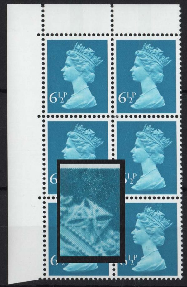 GB 1975 Machin 6½p CB cyl 4 dot r3/2 retouch & broken crown VARIETY um corner blk of 6