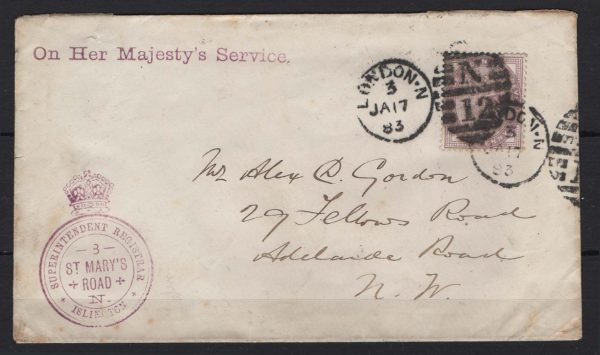GB 1883 1d lilac on OHMS cover with fine Superintendent Registrar, Islington crown