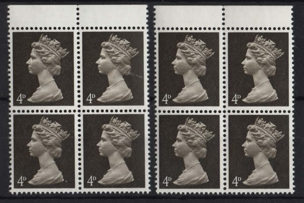 GB 1967 Machin 4d PVA missing phosphor 2x um blocks of 4 ?v slight shades c£32