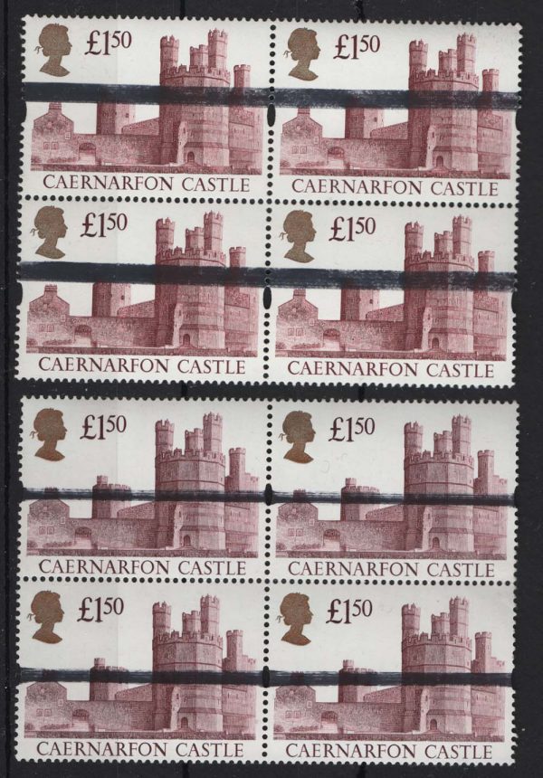 GB 1992 Castles £1.50 gold heads, um blk of 4 with 3mm thick PO training School bars, ditto with thin 2mm bars
