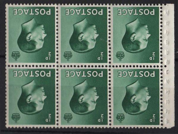 GB 1936 KE8 ½d wmk inverted booklet pane of 6 um good perfs, perf E c£60