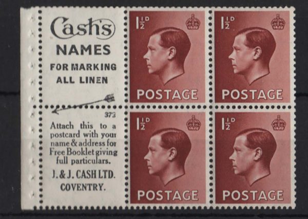 GB 1936 KE8 1½d wmk upright Cash's Names/free booklet advert pane #2 um good perf