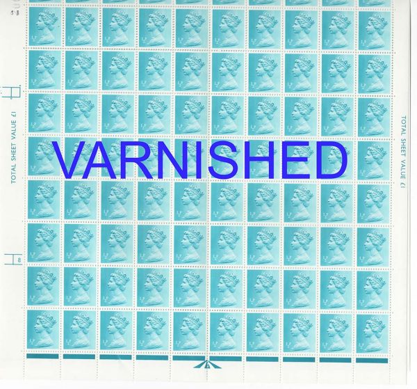 GB 1973 Machin ½p 2B PVAD varnished - complete cyl 8 no dot um sheet of 200