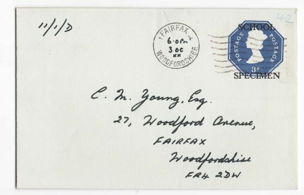GB 1971 3p Machin octagonal postal envelope ovpt School Specimen, fu FAIRFAX WOODFORDSHIRE cancel