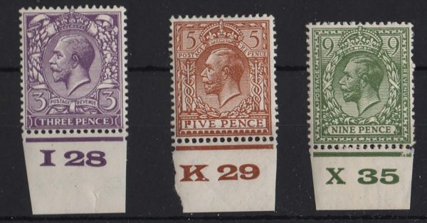 GB 1924 Control singles: 3d I28, 5d K29, 9d X35 um, priced as um normals, sg423