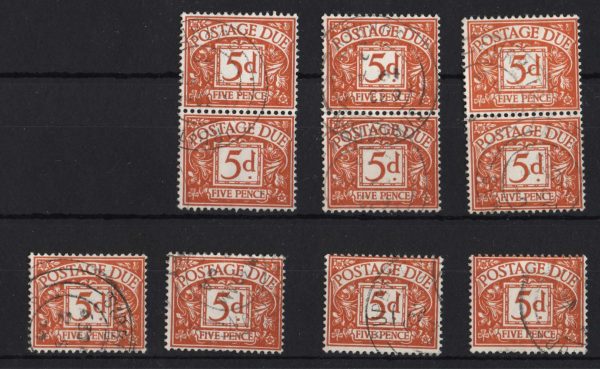 GB 1968 Postage Dues 5d no wmk sgD72 10x vfu cds examples c£110