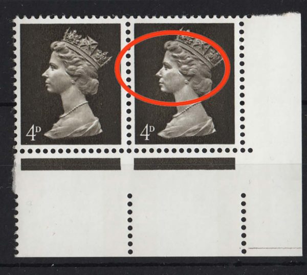 GB 1968 Machin 4d 2B PVA r20/12 white patch over eye variety Spec U12c um corner pair c£20
