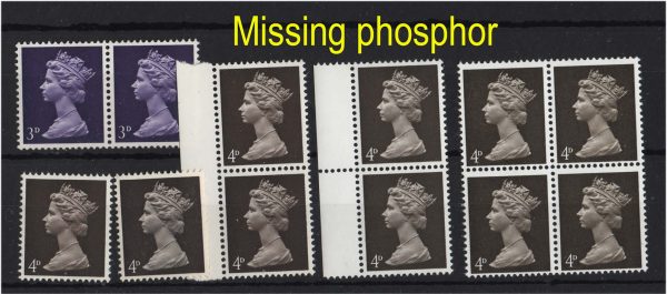 GB 1967 Machin 3d GA pair missing phosphor, ditto 8x 4d incl blk of 4 (shades) um