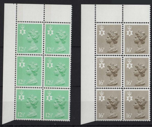 GB 1984 Northern Ireland 12½p, 16p perf 15x14 in matching um corner blks of 6 c£51