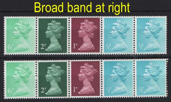 GB 1975 Machin 10p 2x m/value coil strips (6+2+1+½+½) ERROR broad band at right