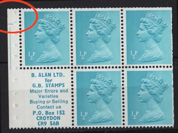 GB 1971 Machin ½p FCP/PVA B Alan cyl pane um, av perfs but selvedge wide enough to show part of cyl#