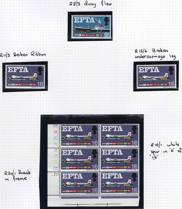 GB 1967 EFTA ord 9d r8/3 quay flaw, 1/6d r11/3 broken ribbon, r13/6 fuselage flaw