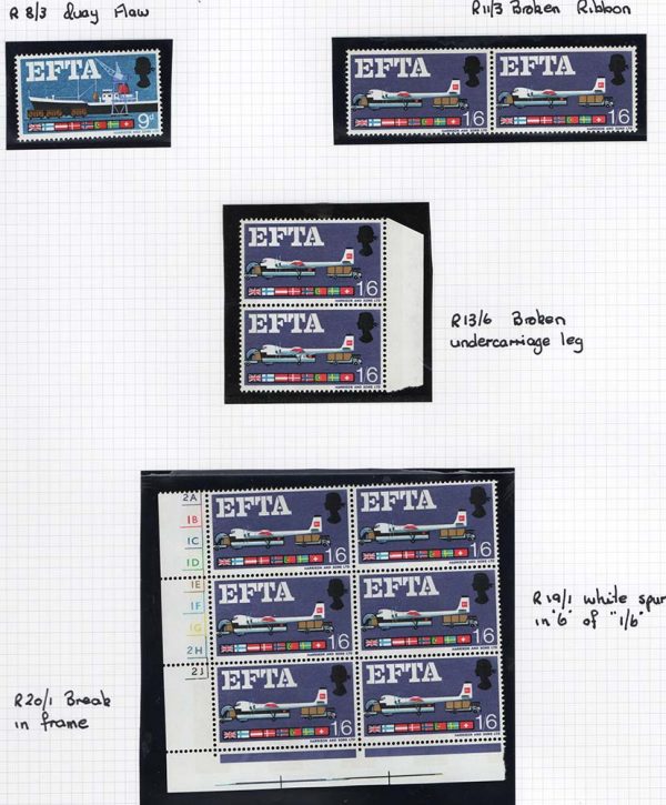 GB 1967 EFTA phosphor 9d r8/3 quay flaw, 1/6d r11/3 broken ribbon, r13/6 fuselage flaw
