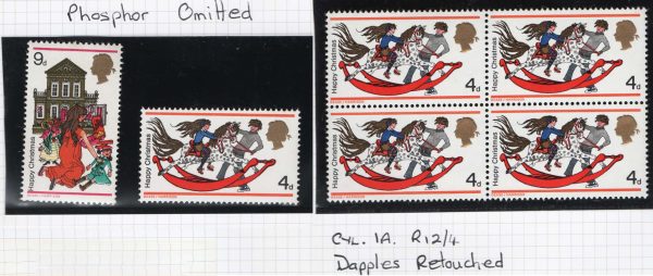 GB 1968 Christmas 4d retouched dapples variety, also 4d, 9d missing phosphor um