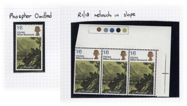 GB 1970 Literary 1/6d r1/18 retouch in slope corner strip of 3 um, also 1/6d