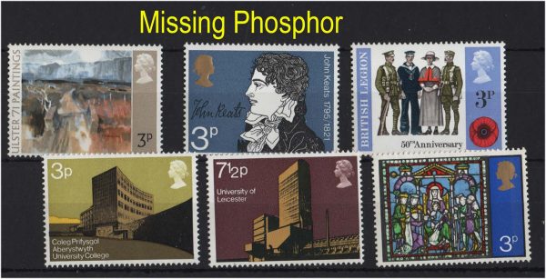 GB 1971 Ulster 3p, Literary 3p, Anniv 3p, Universities 3p, 7½p, Christmas 3p missing phosphor um c£43