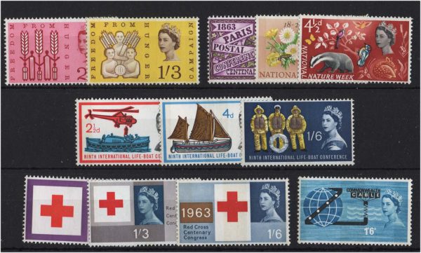 GB 1963 The 6 phosphor commems sets for the year - fine um