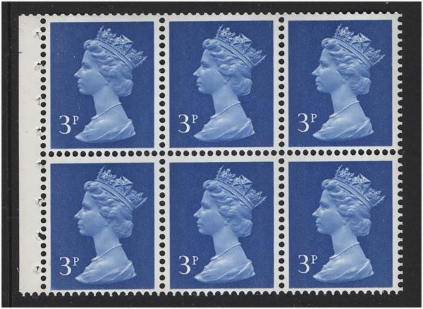 GB 1971 Machin 3p FCP/PVA cyl B28 booklet pane of 6 (box tips) full perfs um c£32