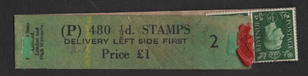 GB 1937 Dark colours ½d P480 black on dull green coil leader #2 um with 2 stamps