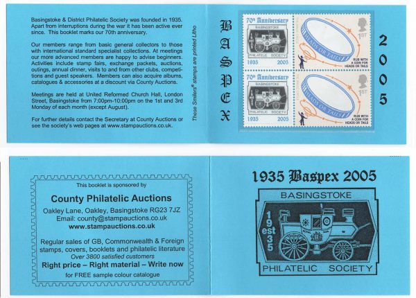 GB 2005 Basingstoke Phil Soc 70th anniversary booklet incl pair of Baspex Magic Smilers 1st class um