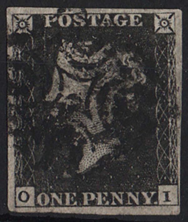 GB 1840 1d black plate 5 OI fu 4 good-large margins, hint of pressed crease