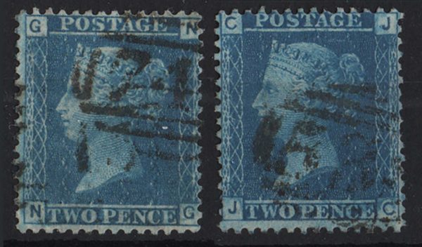 GB 1858 2d blue plate 7 JC and NG re-entries vfu c£300