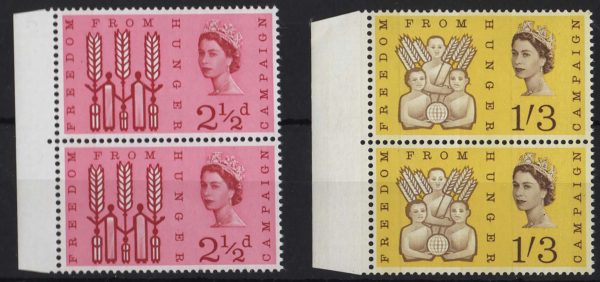 GB 1963 Freedom from Hunger phosphor set um left marginal pairs incl 6mm band variety