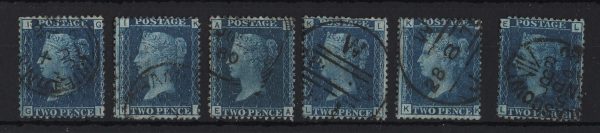 GB 1858 2d blue plate 15 fu, 6x various cds-type examples incl squared circle