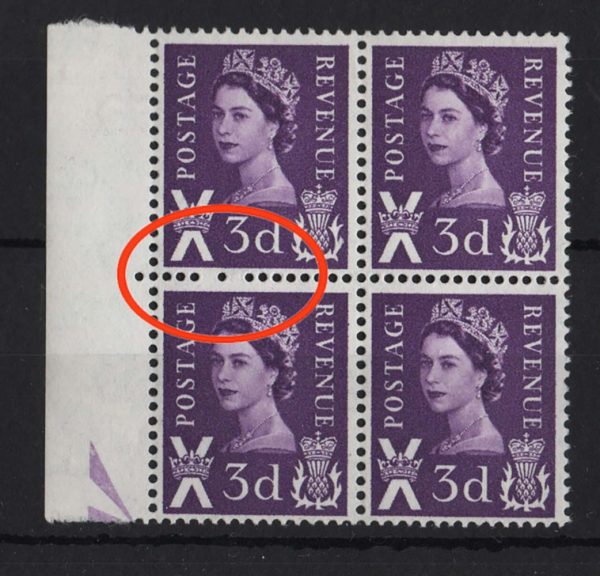 GB 1958 Scotland 3d um blk of 4 with double missing perf pin variety