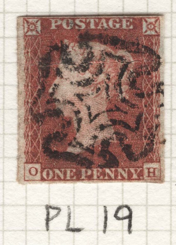 GB 1841 1d red plate 19 OH pressed crease otherwise fu, 4 good margins, basal shift