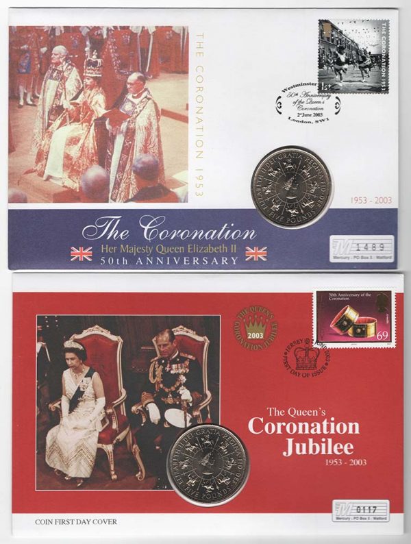 GB 2003 Queen's Coronation Jubilee coin cover incl £5 coin Mercury cover, ditto