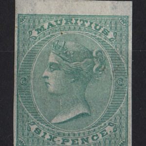 Mauritius 1860 6d green no wmk as sg49 but IMPERF - a very fine proof