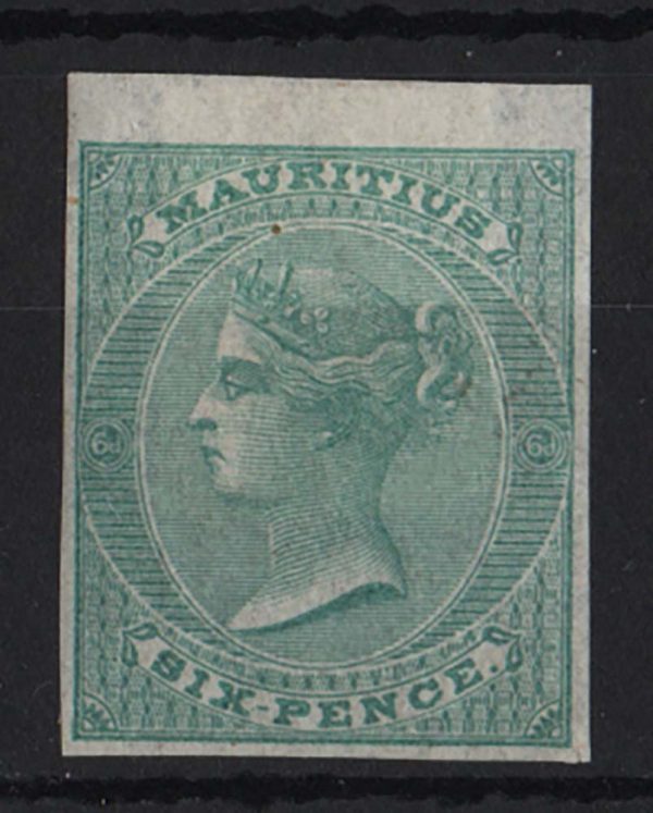 Mauritius 1860 6d green no wmk as sg49 but IMPERF - a very fine proof